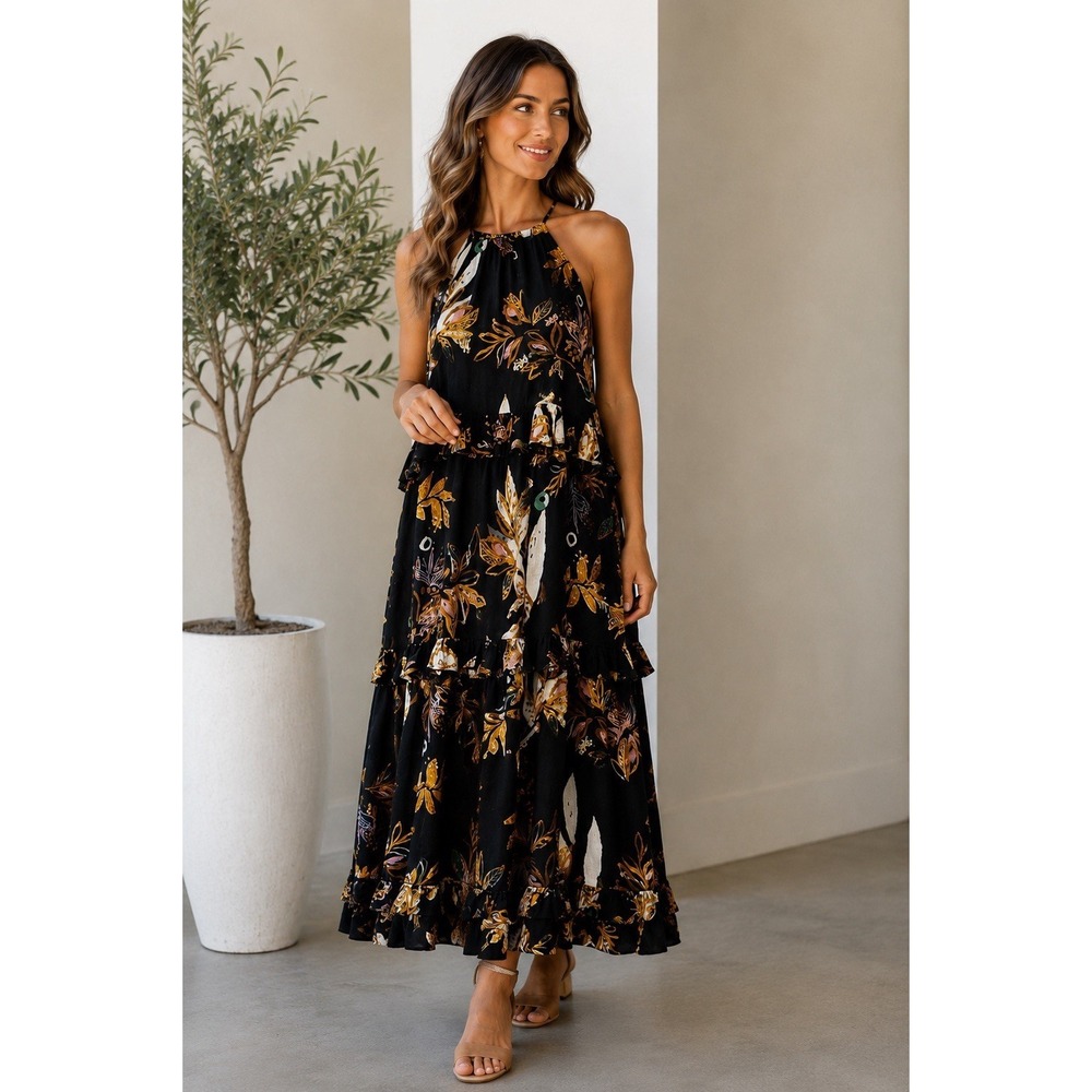 Free People Black Floral Tiered Halter Midi Dress Boho Ruffle Size XS